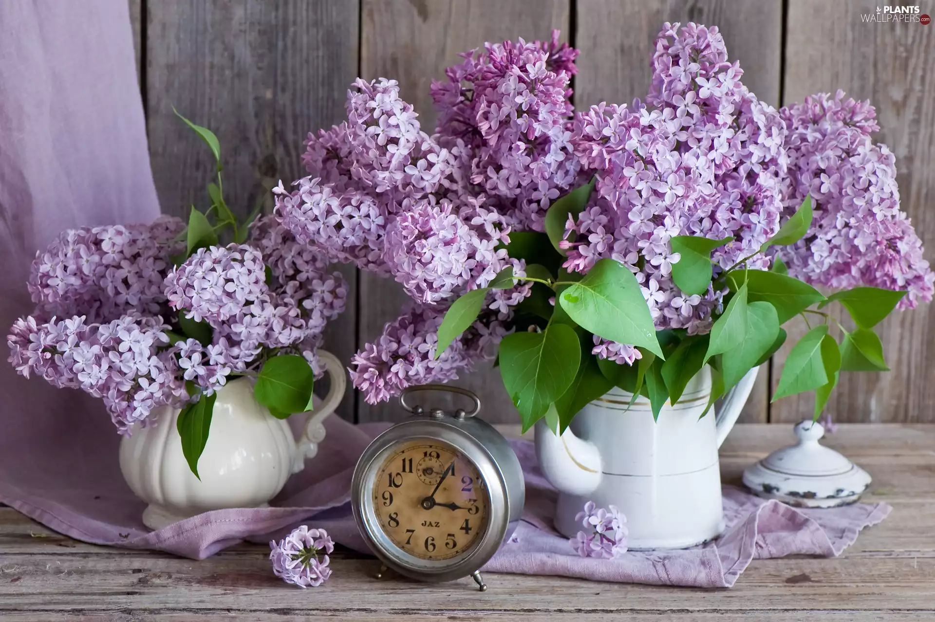 Wood, vases, Clock, curtain, Lilacs