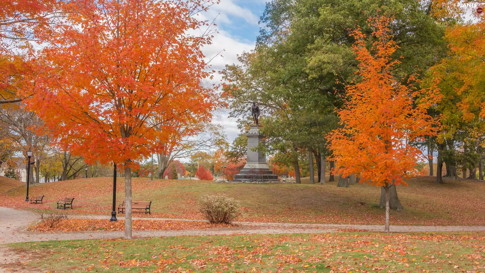 Monument, trees, autumn, viewes, Park, bench, Leaf
