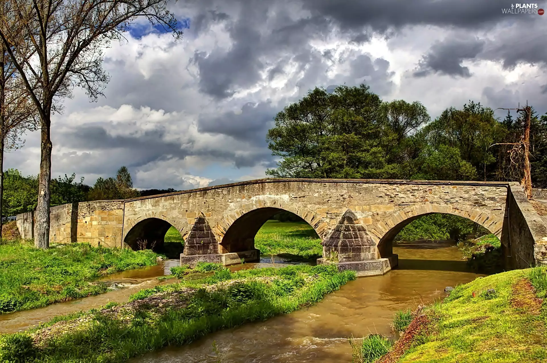 stone, clouds, trees, viewes, bridge, brook