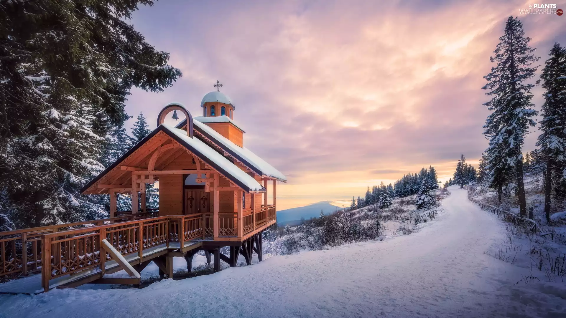 winter, Church, trees, viewes, Way, chapel