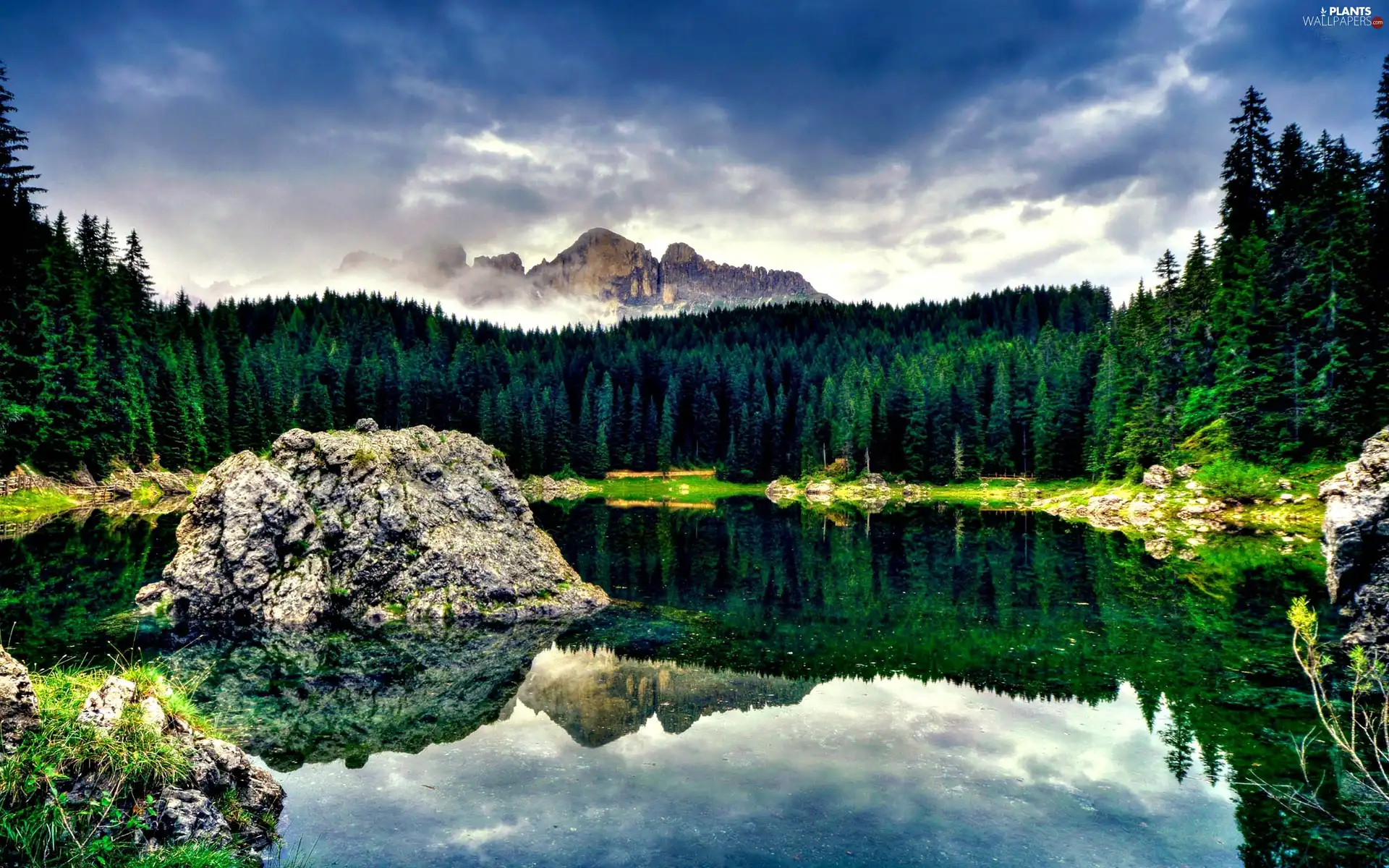 viewes, clouds, lake, trees, Mountains