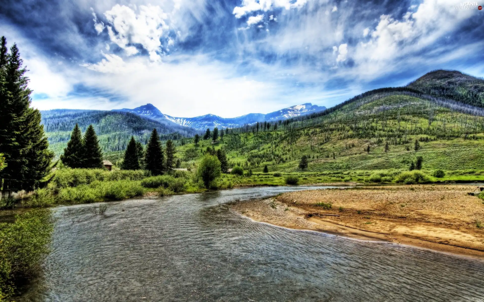 viewes, clouds, Mountains, trees, River