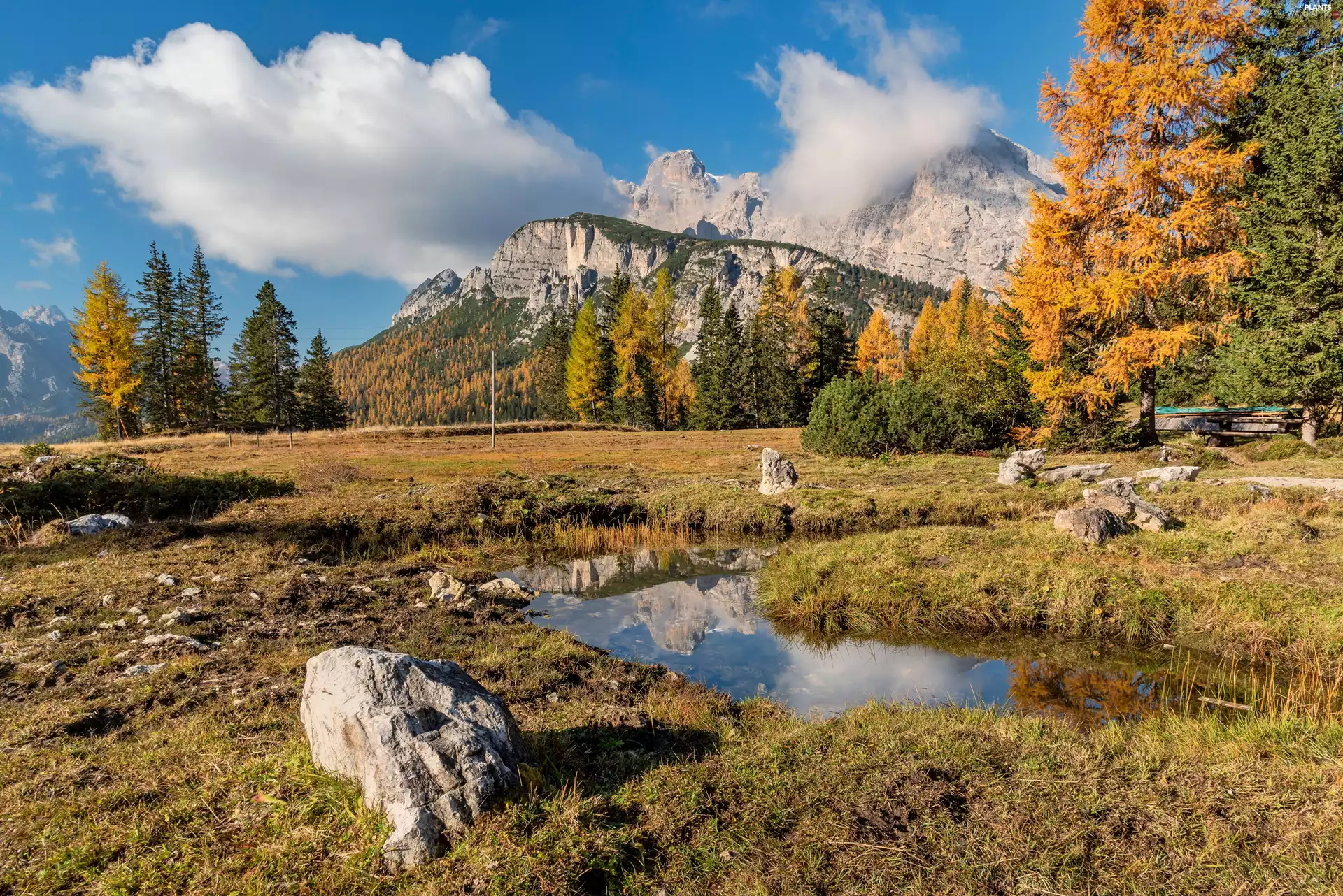 Stones, trees, clouds, viewes, Mountains, Sky, autumn