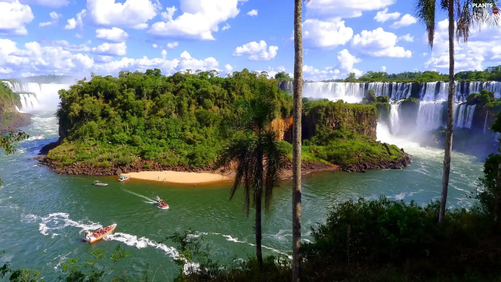 boats, waterfalls, viewes, clouds, trees, Iguazu