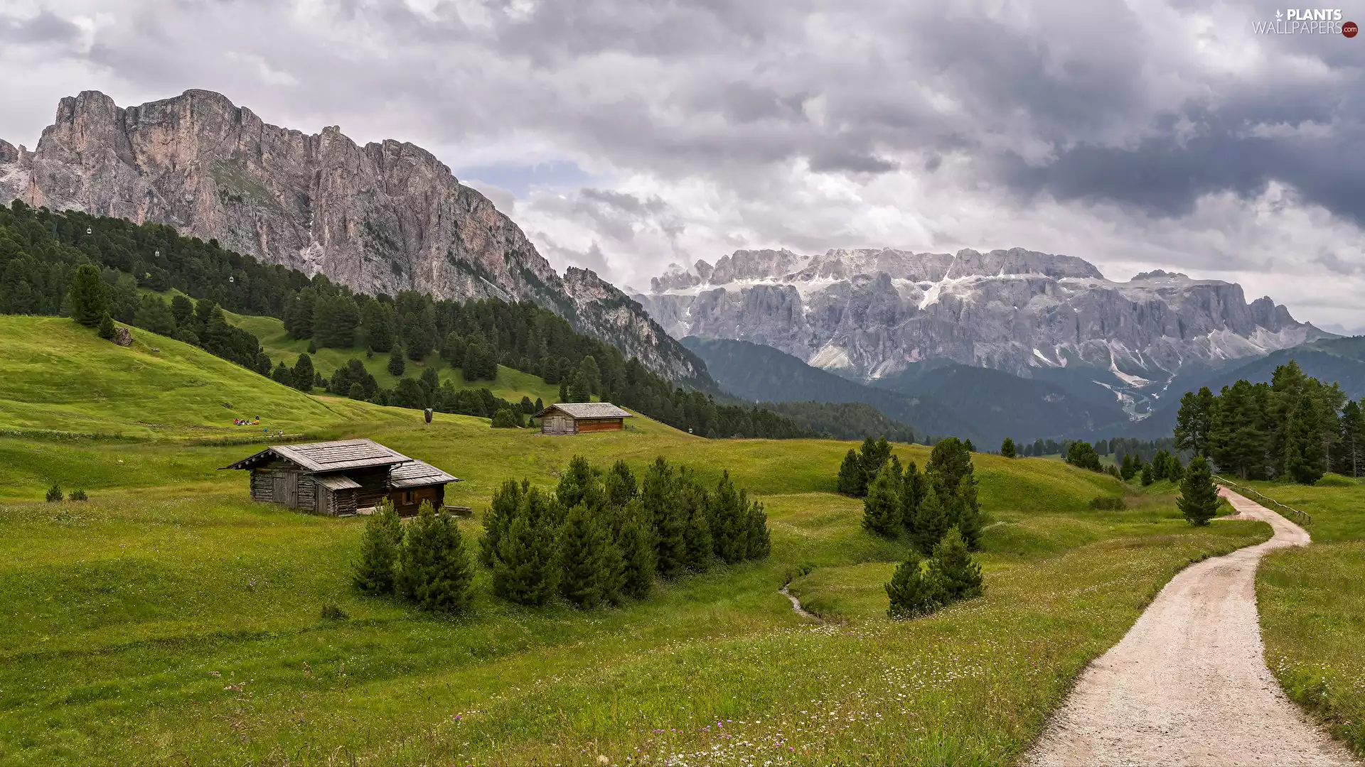 Way, Mountains, clouds, car in the meadow, Houses, grass, viewes, wood, trees