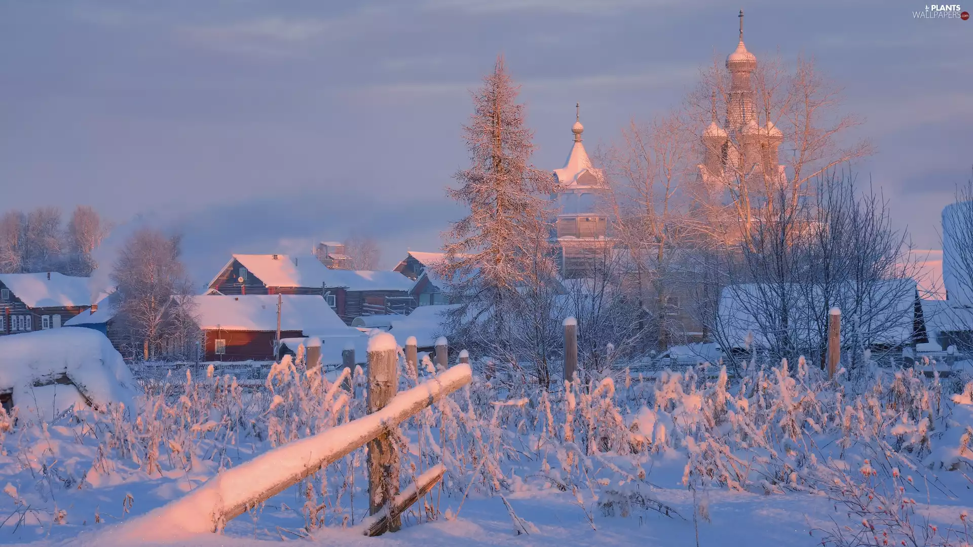 Arkhangelsk Oblast, Russia, Village Kimzha, Houses, viewes, Fance, winter, trees, Cerkiew