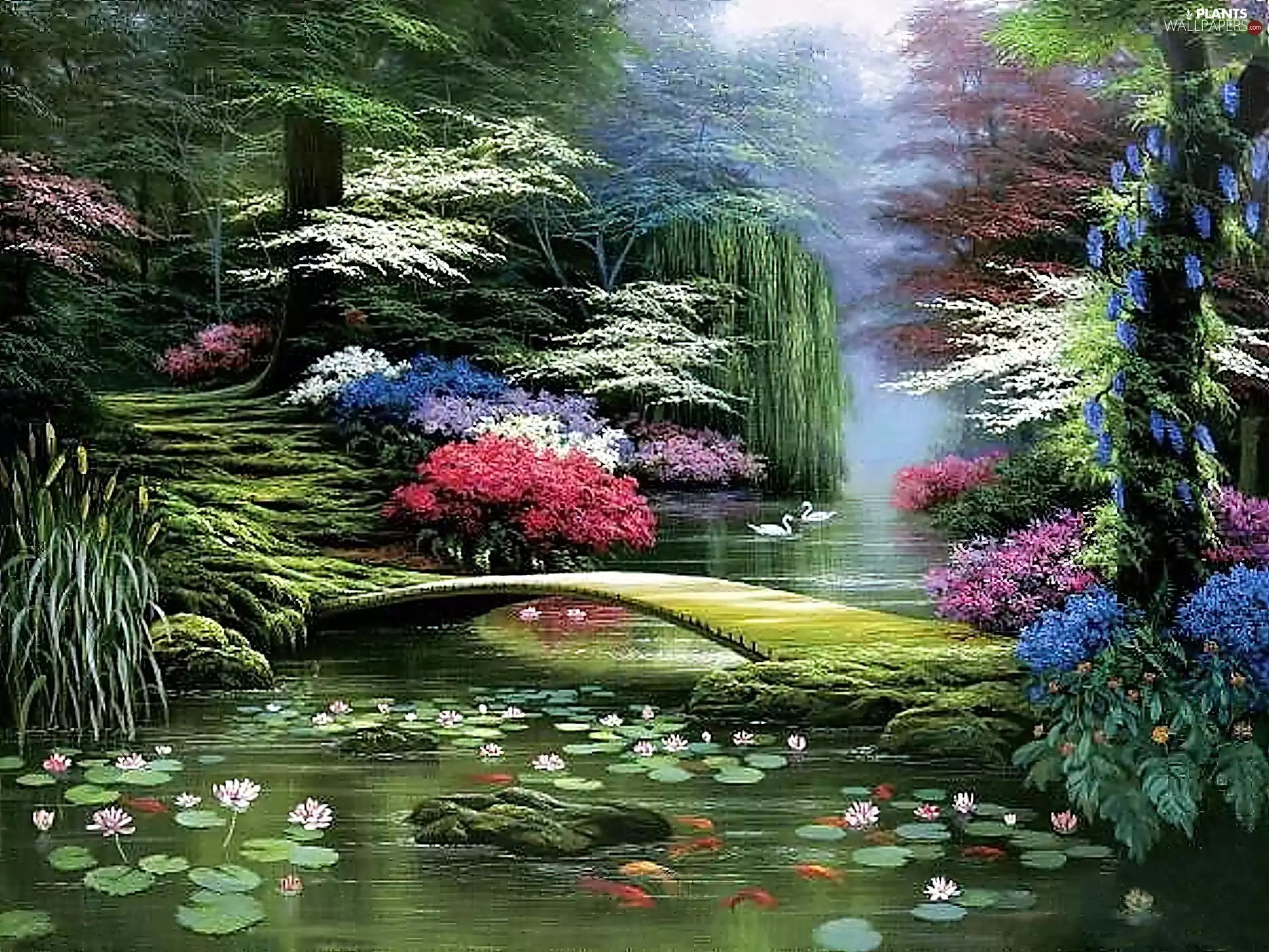 trees, viewes, footbridge, Flowers, Garden