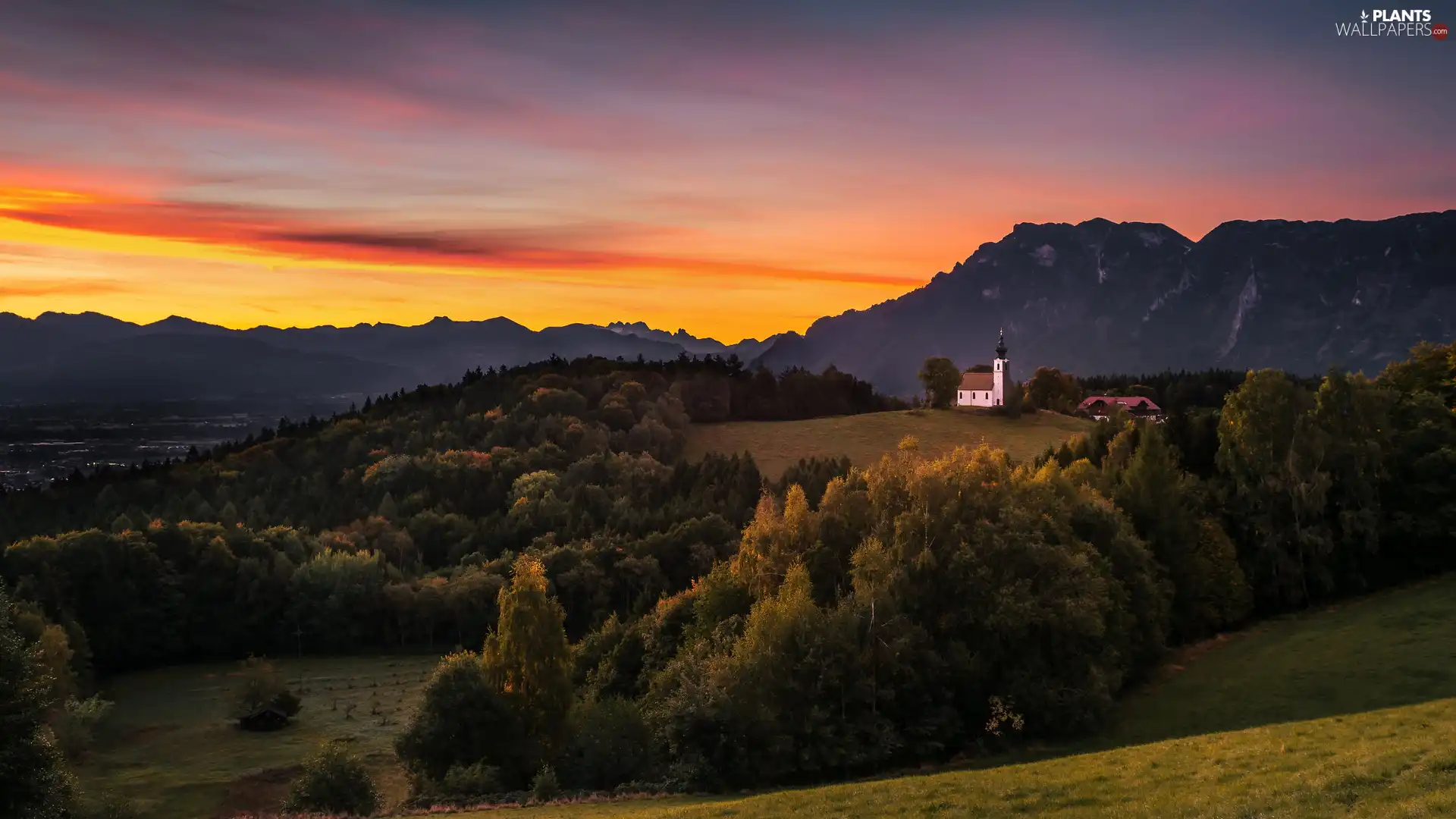 Sunrise, trees, woods, Bavaria, Hill, Mountains, viewes, Germany, Berchtesgadener Province, Church