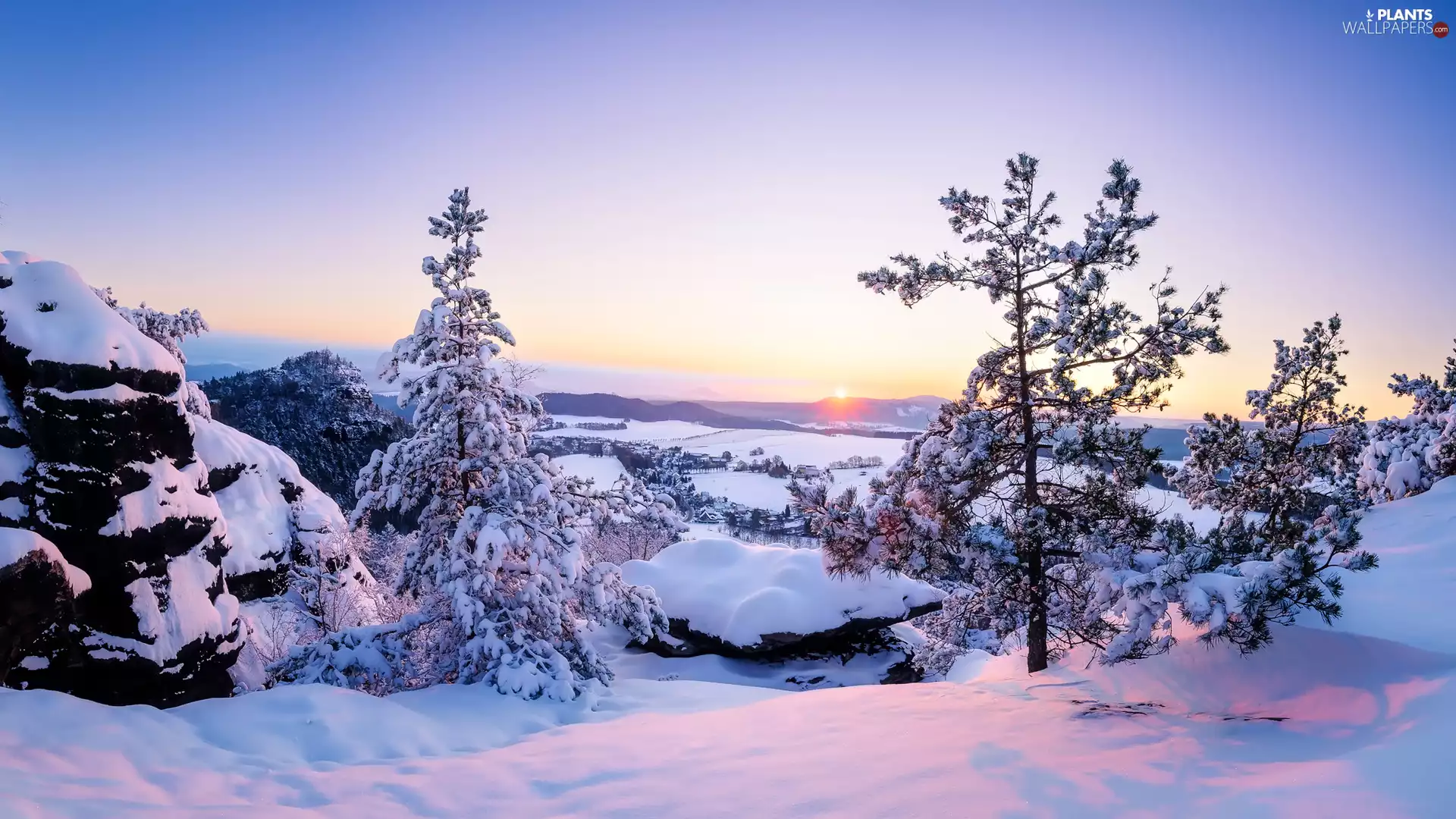 viewes, snow, Děčínská vrchovina, trees, winter, Great Sunsets, Germany