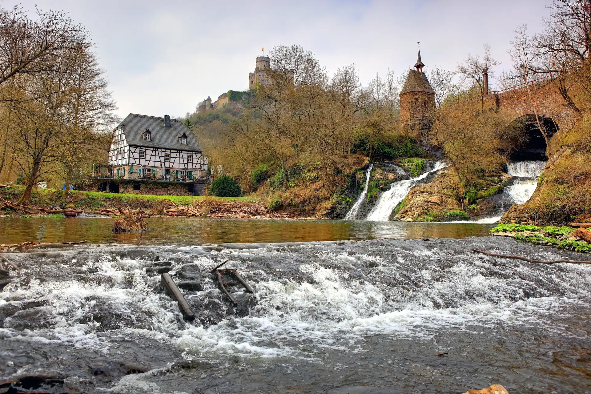 bridge, great, viewes, house, trees, River