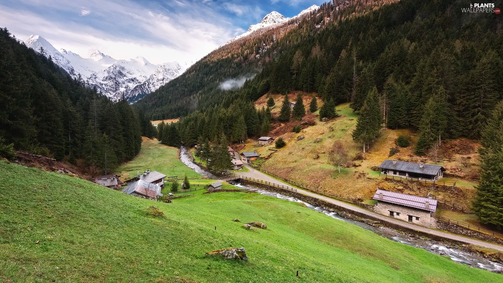 bridge, River, Houses, trees, forest, Way, Valley, Mountains, clouds, viewes, peaks, Snowy