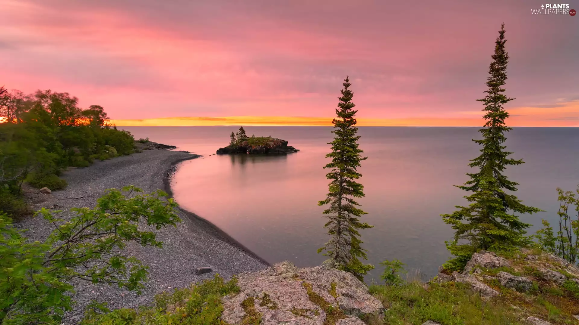 trees, viewes, Islet, rocks, lake
