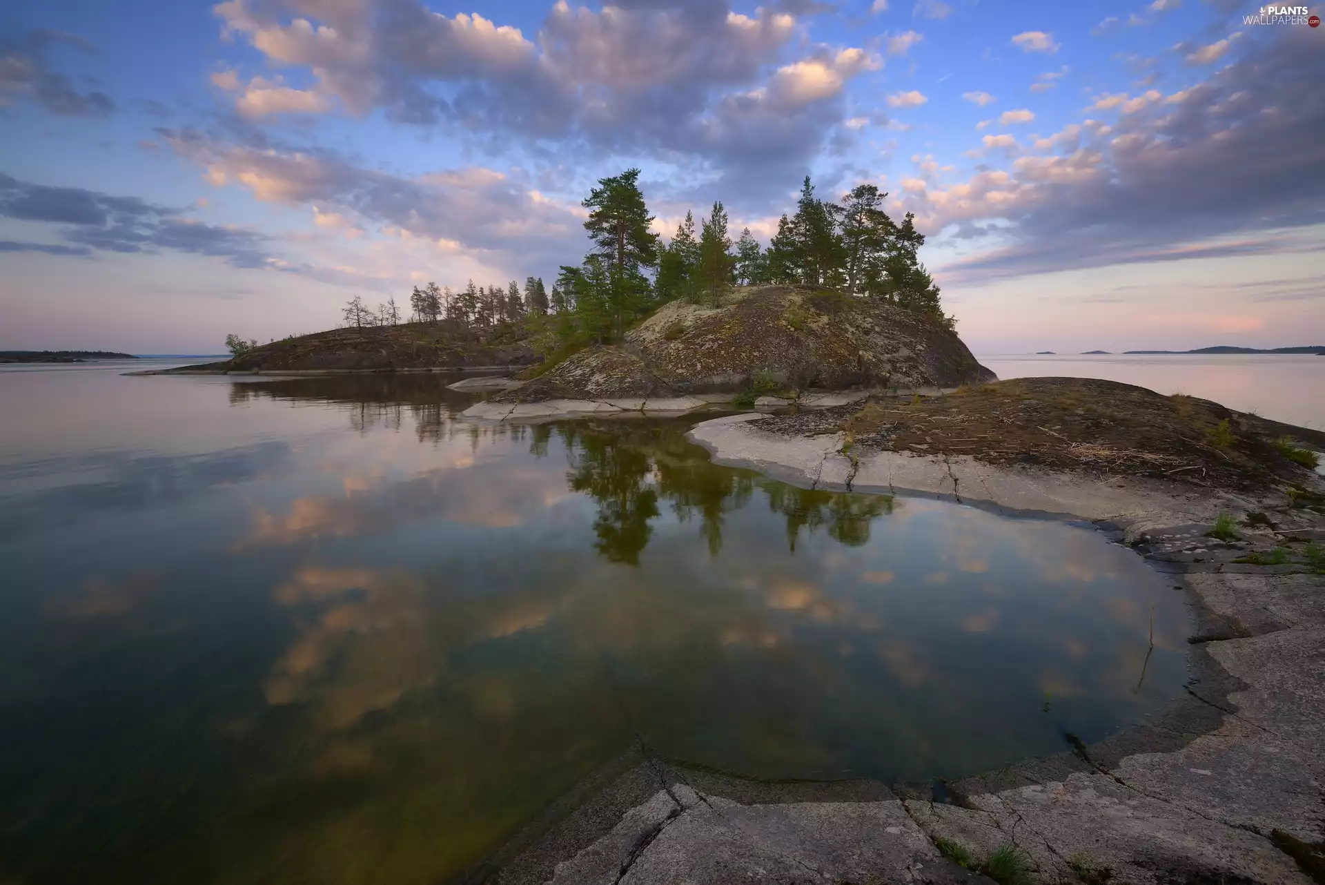 rocks, Lake Ladoga, viewes, Russia, trees, Islet