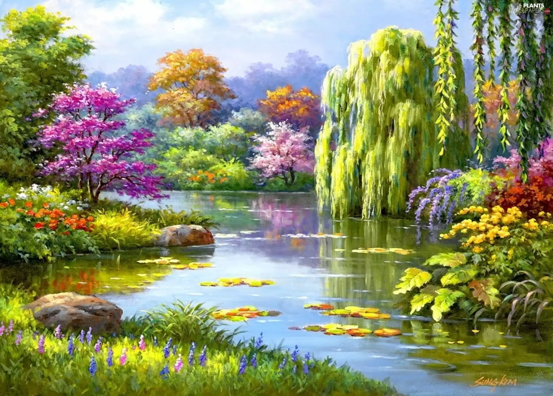 Flowers, Park, trees, viewes, flourishing, lake