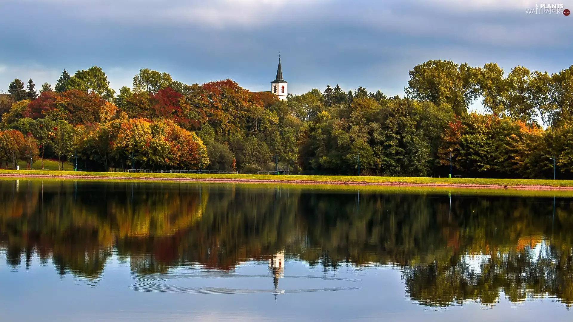 turret, trees, lake, viewes, autumn, Church, reflection