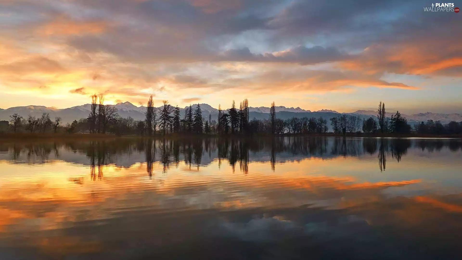 reflection, Mountains, trees, viewes, clouds, lake