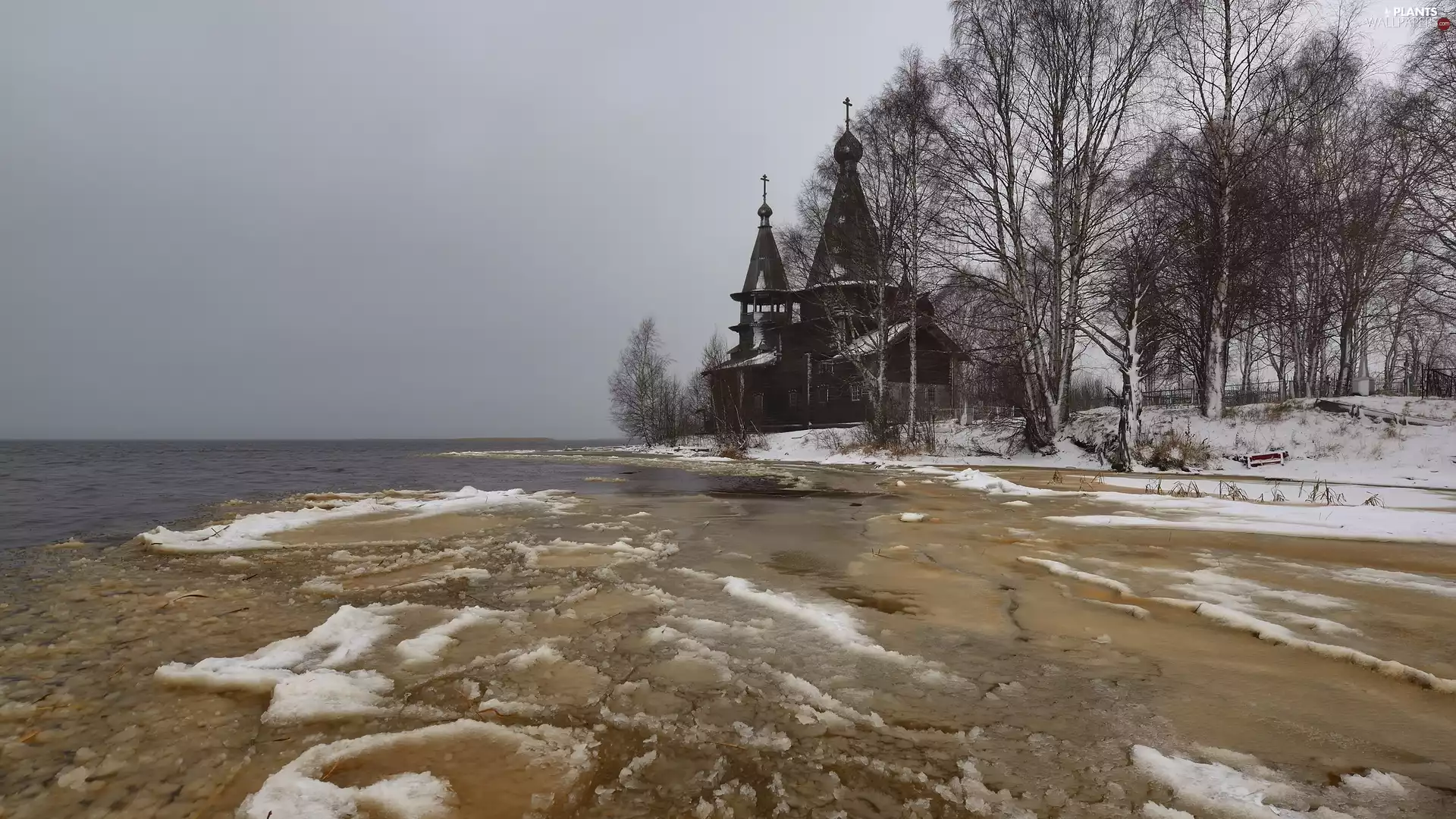 trees, viewes, lake, Cerkiew, winter