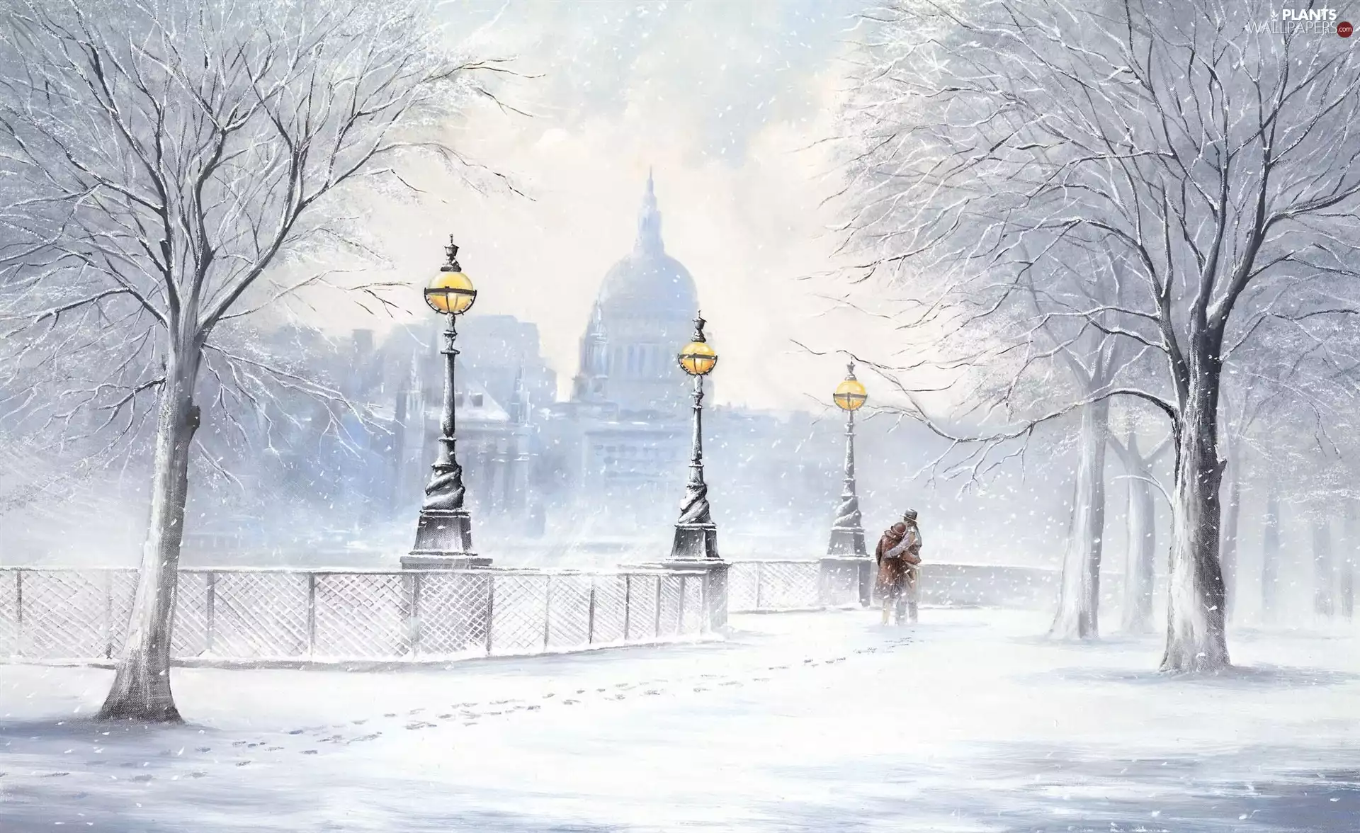 snow, lovers, Lamps, trees, Sights, winter, picture, viewes