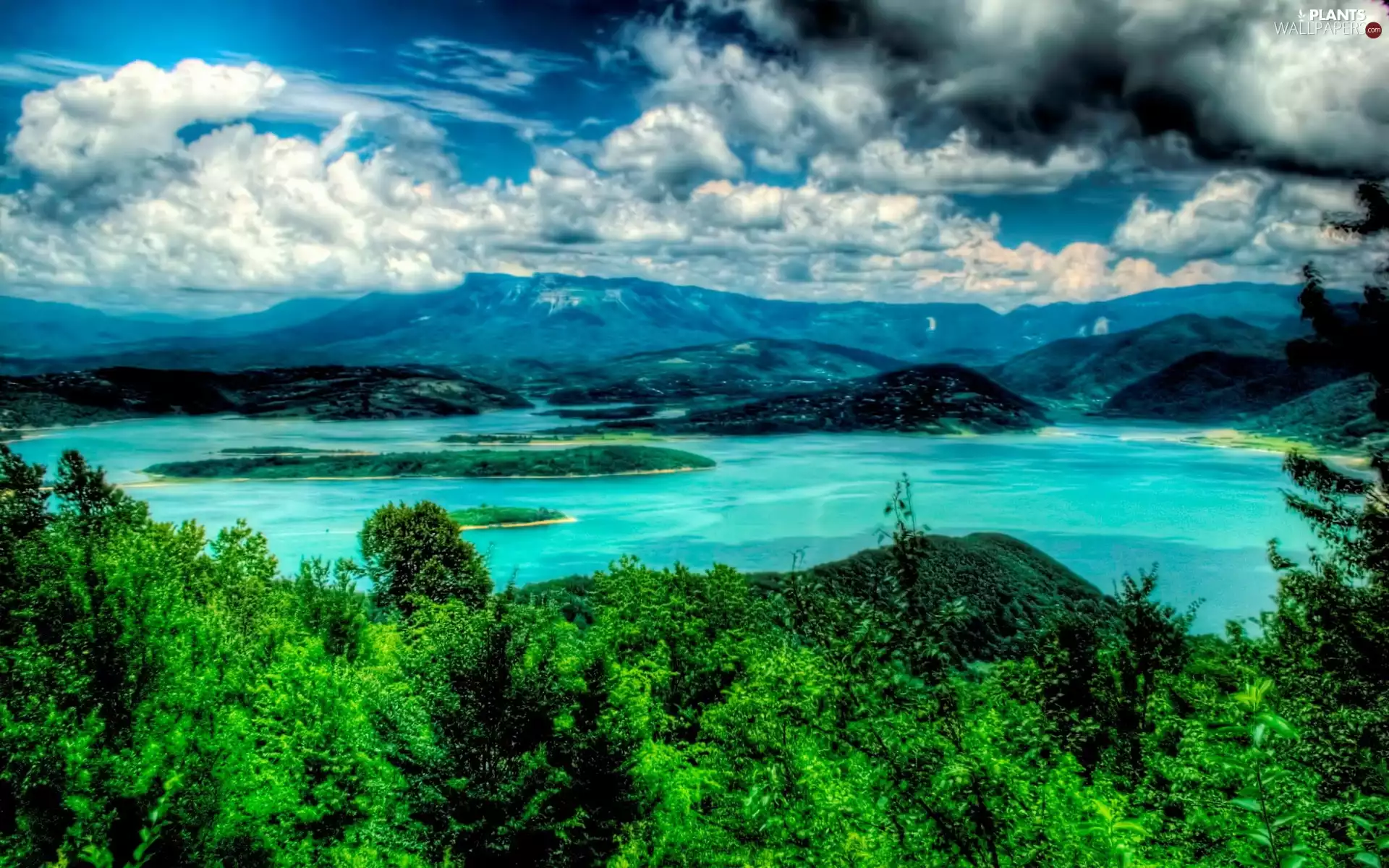 trees, viewes, Mountains, lake, clouds