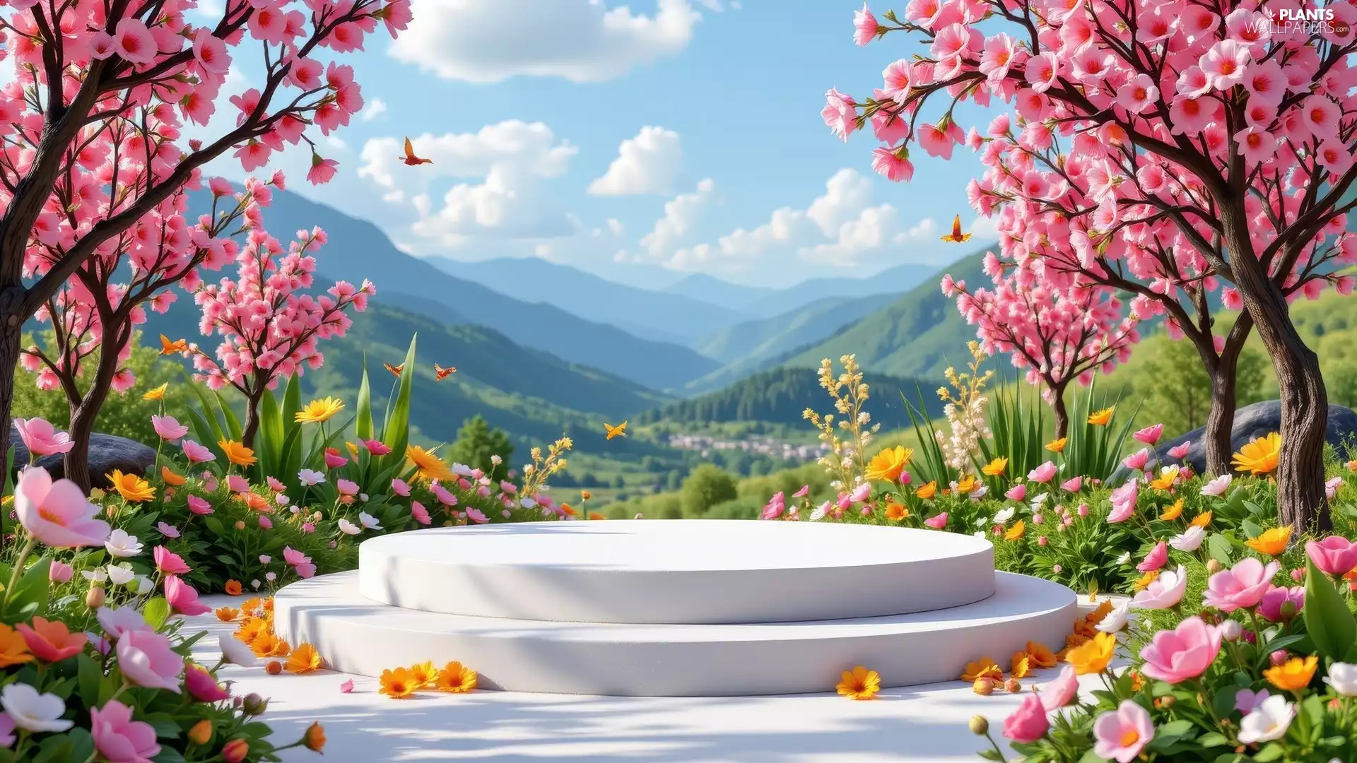 Flowers, flourishing, Mountains, trees, Spring, color, Platform, viewes