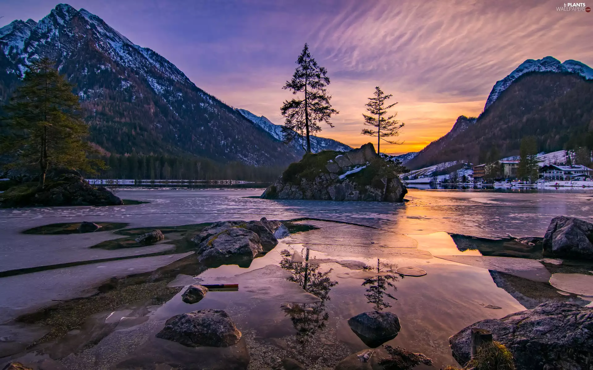 Stones, Lake Hintersee, viewes, trees, clouds, Germany, Bavaria, Alps, Mountains, Great Sunsets, Houses