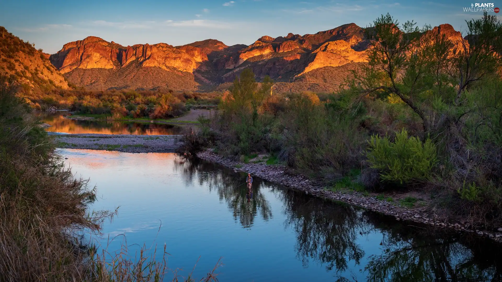 trees, viewes, Mountains, River, illuminated