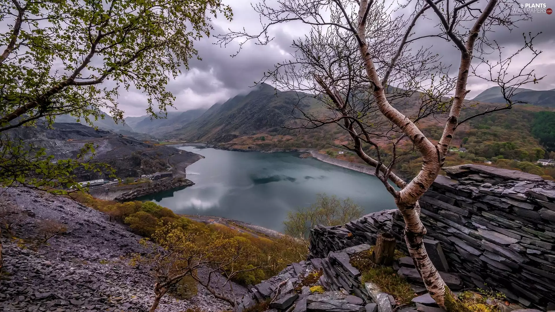 Llyn Peris Lake, Snowdonia National Park, viewes, Mountains, wales, trees, rocks