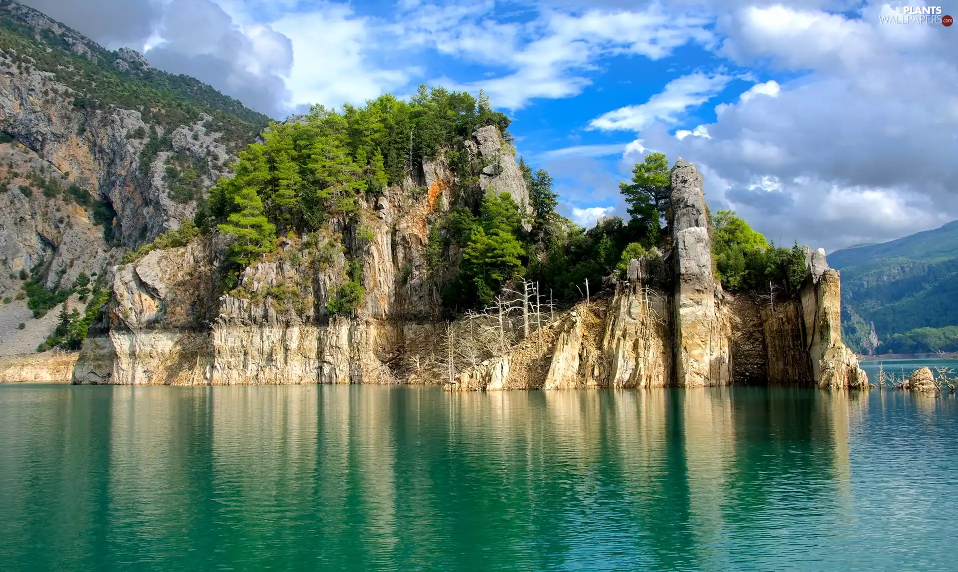 trees, viewes, Mountains, rocks, lake