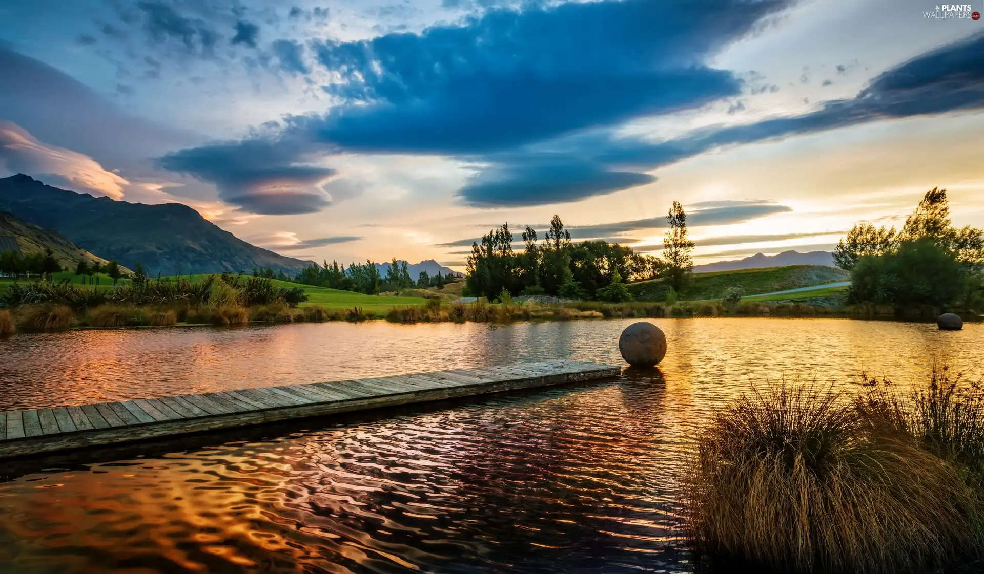 viewes, Mountains, pier, trees, lake