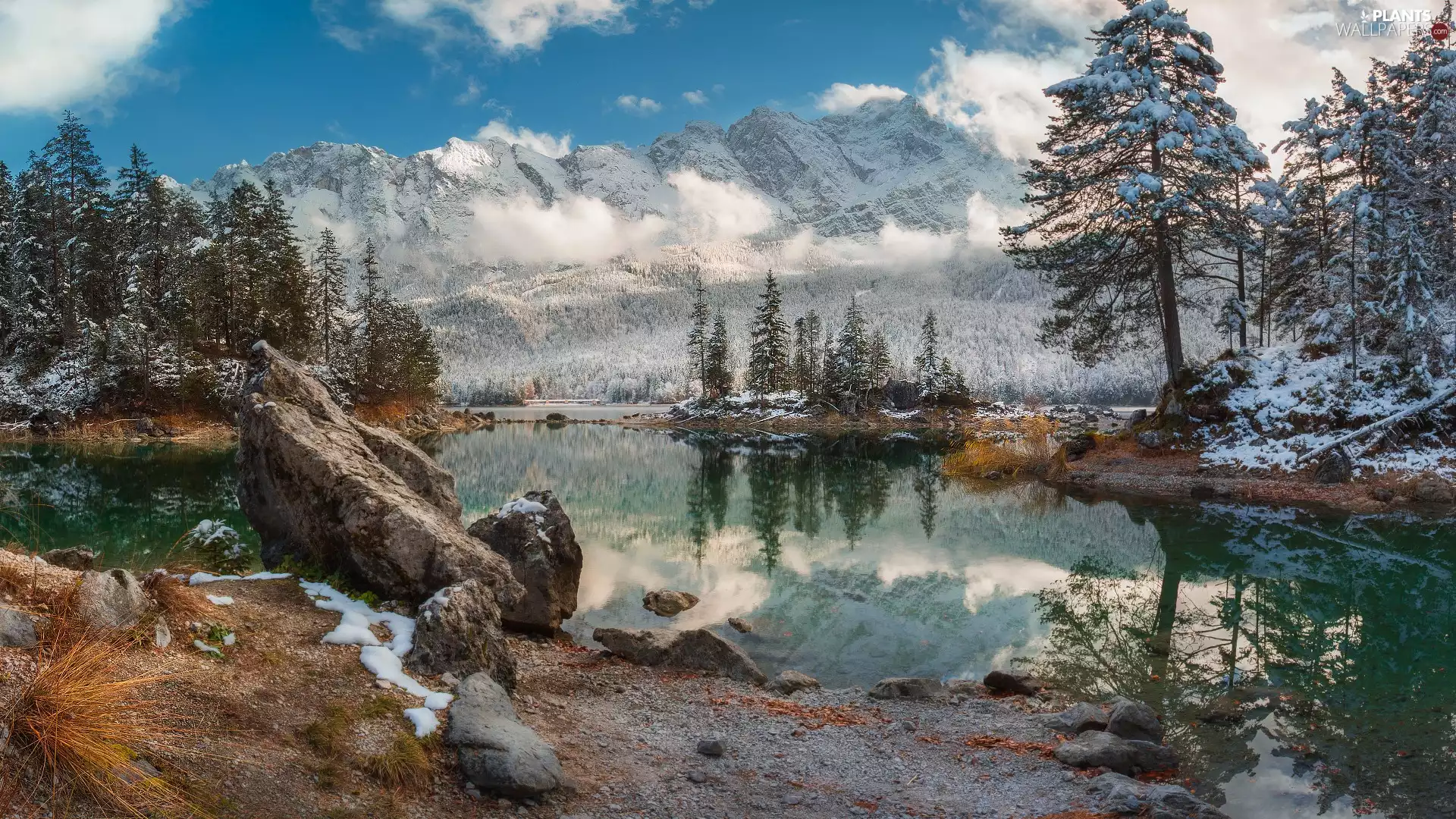 lake, winter, trees, viewes, rocks, Mountains
