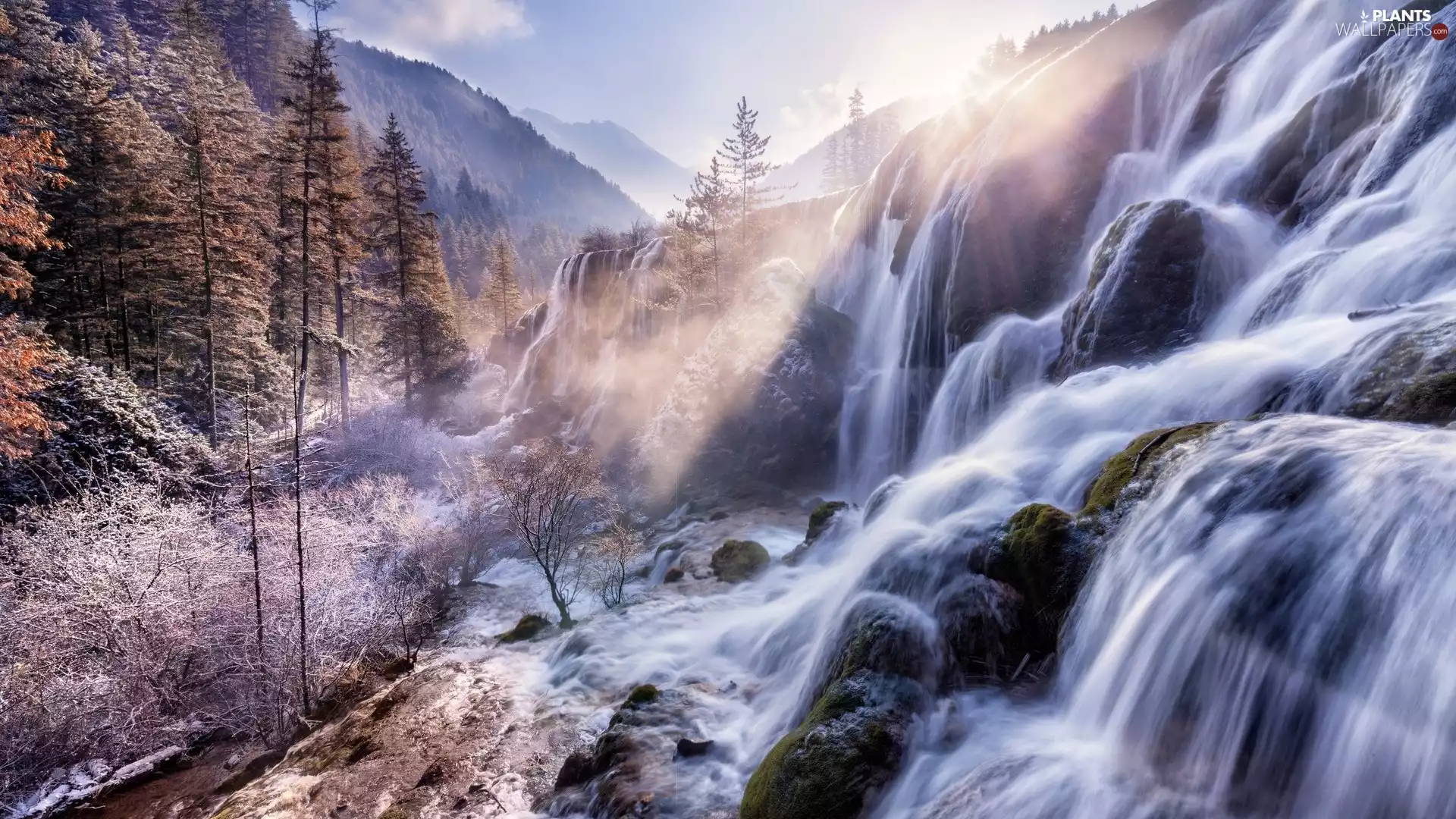 trees, viewes, Mountains, rocks, waterfall
