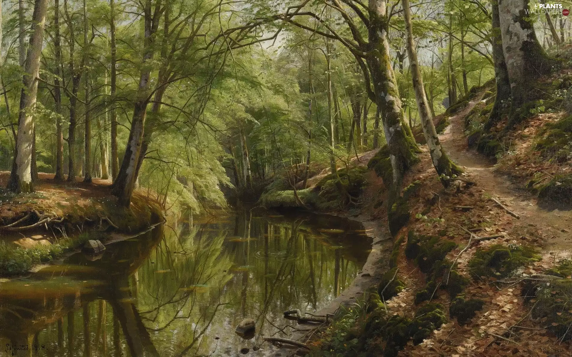 painting, picture, Peder Mork Monsted, landscape, viewes, Path, forest, trees, River