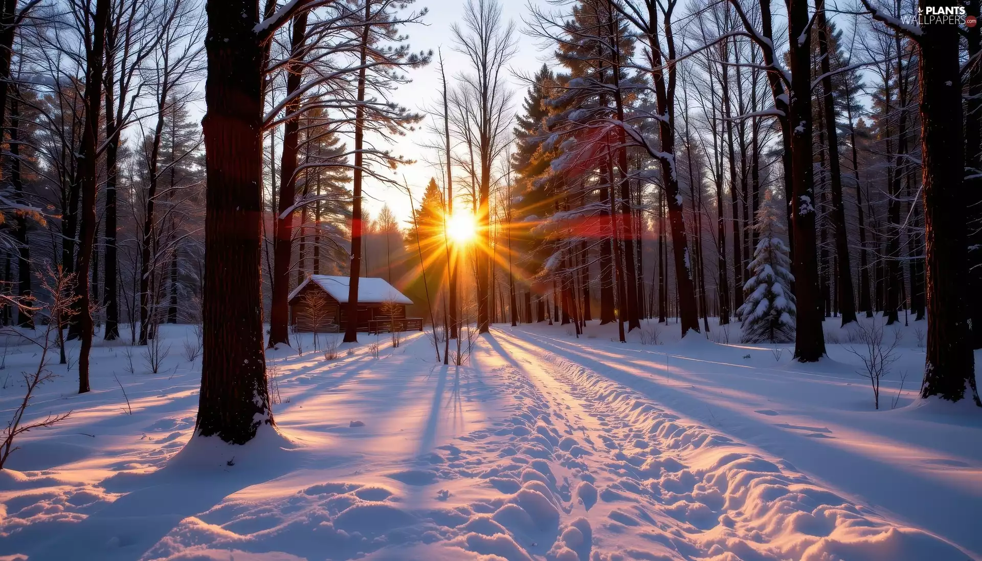 snow, winter, Path, forest, rays of the Sun, Ai, viewes, house, trees