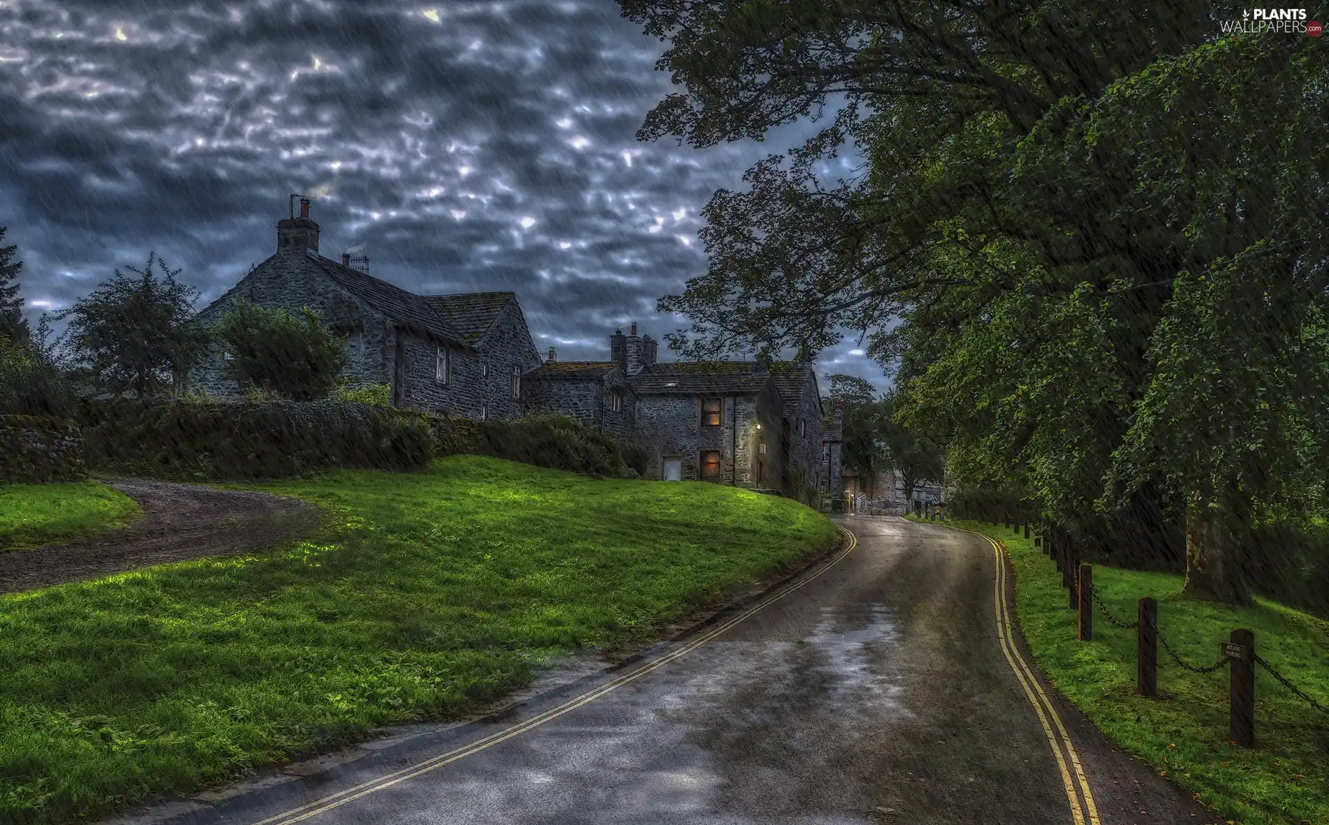 Houses, trees, Rain, viewes, Way, clouds, HDR