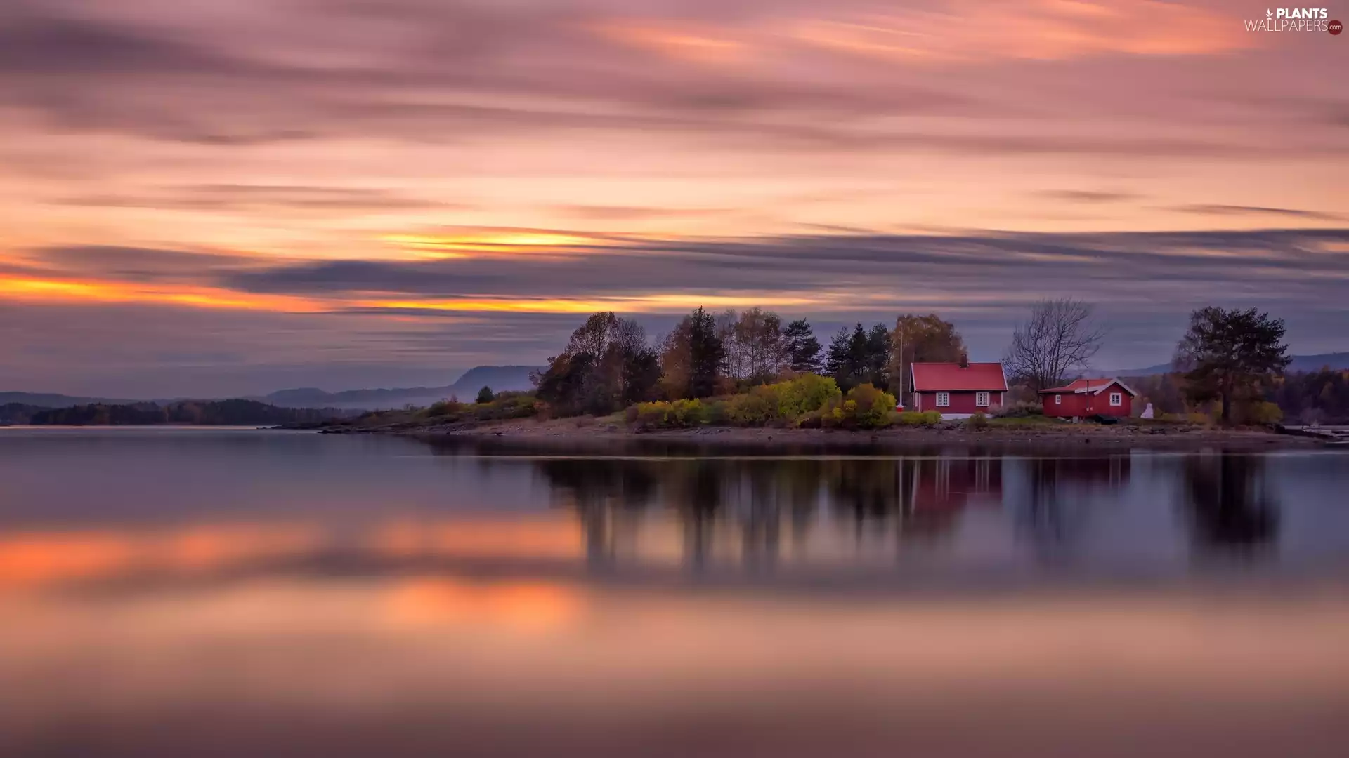 trees, viewes, Red, Houses, lake
