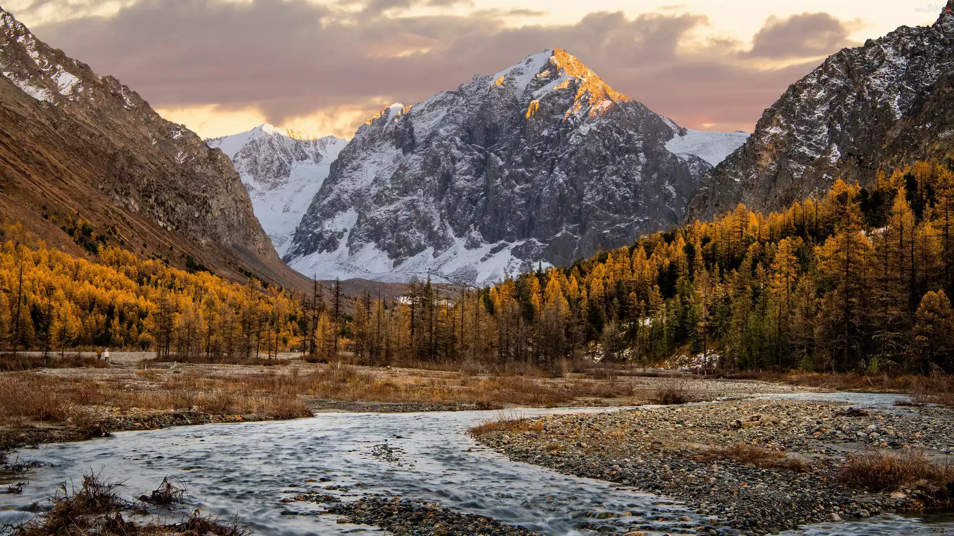clouds, trees, River, viewes, Mountains, forest, autumn
