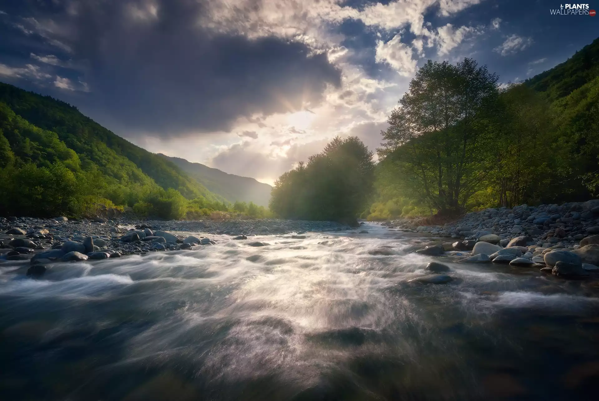 Stones, Mountains, trees, viewes, clouds, River