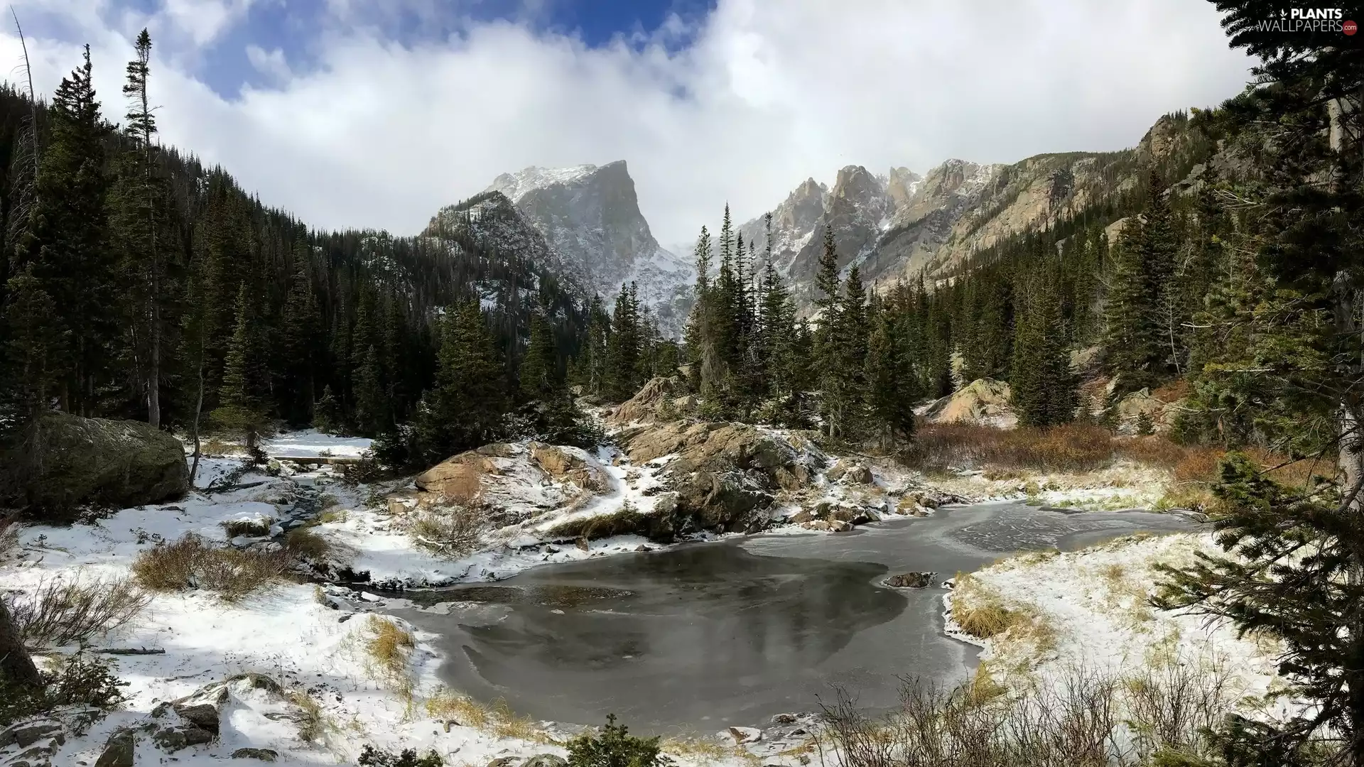 snow, trees, River, viewes, Mountains, rocks, winter