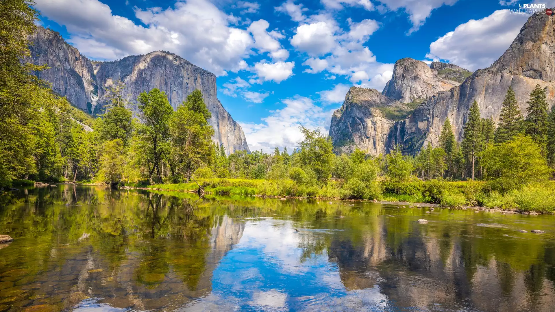 Yosemite National Park, Merced River, clouds, trees, Sierra Nevada Mountains, State of California, The United States, viewes