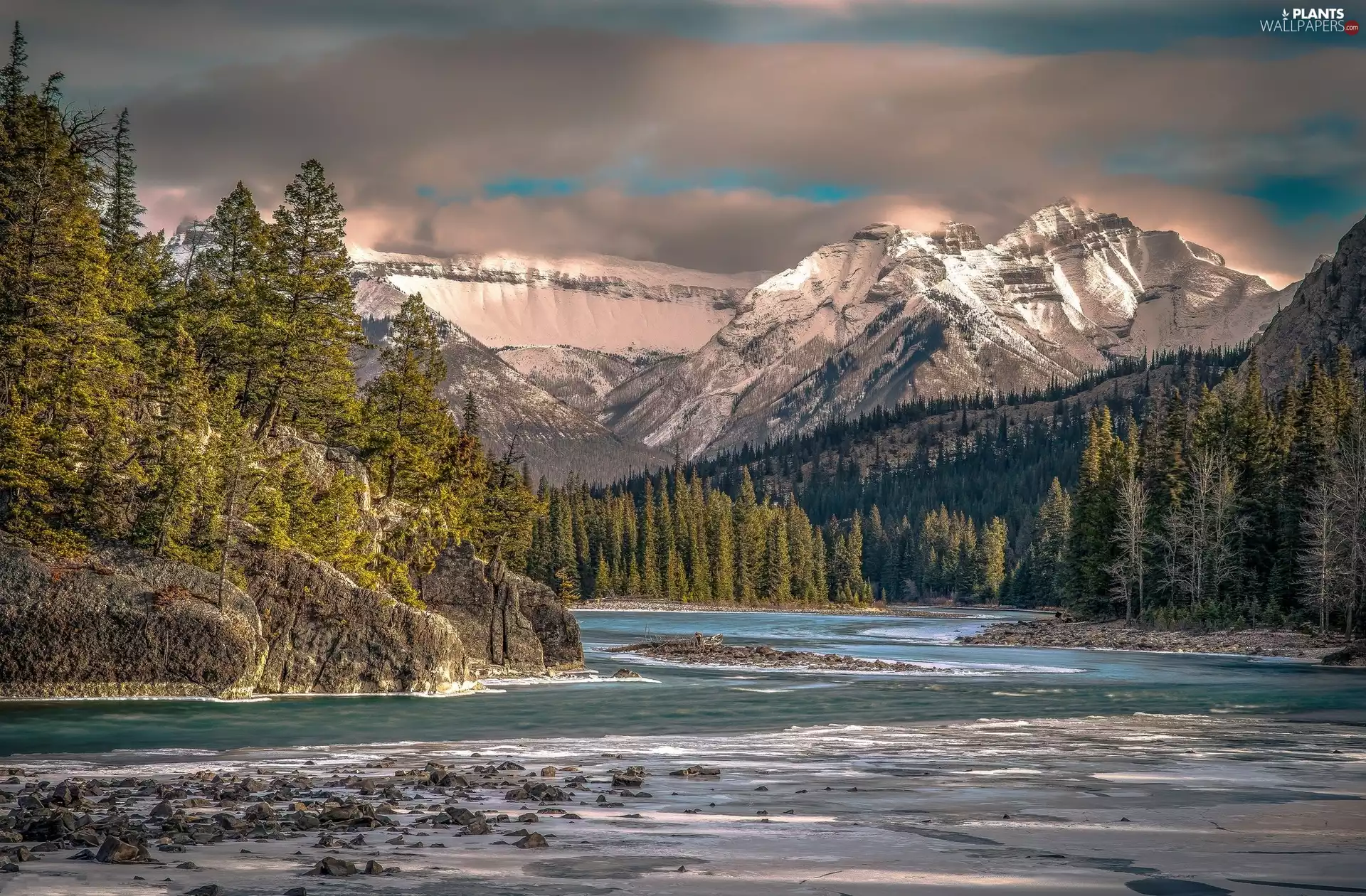 Mountains, forest, Sky, trees, Clouds, Stones, River, viewes