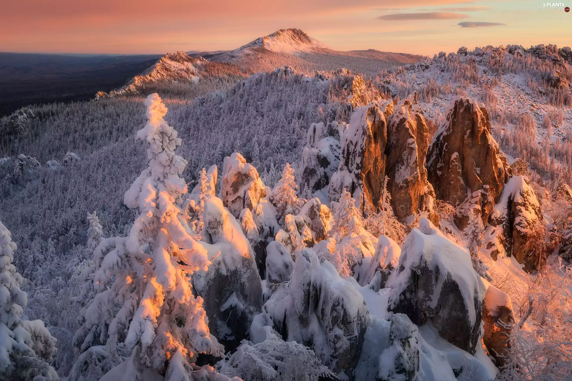 rocks, winter, trees, viewes, Mountains, Snowy