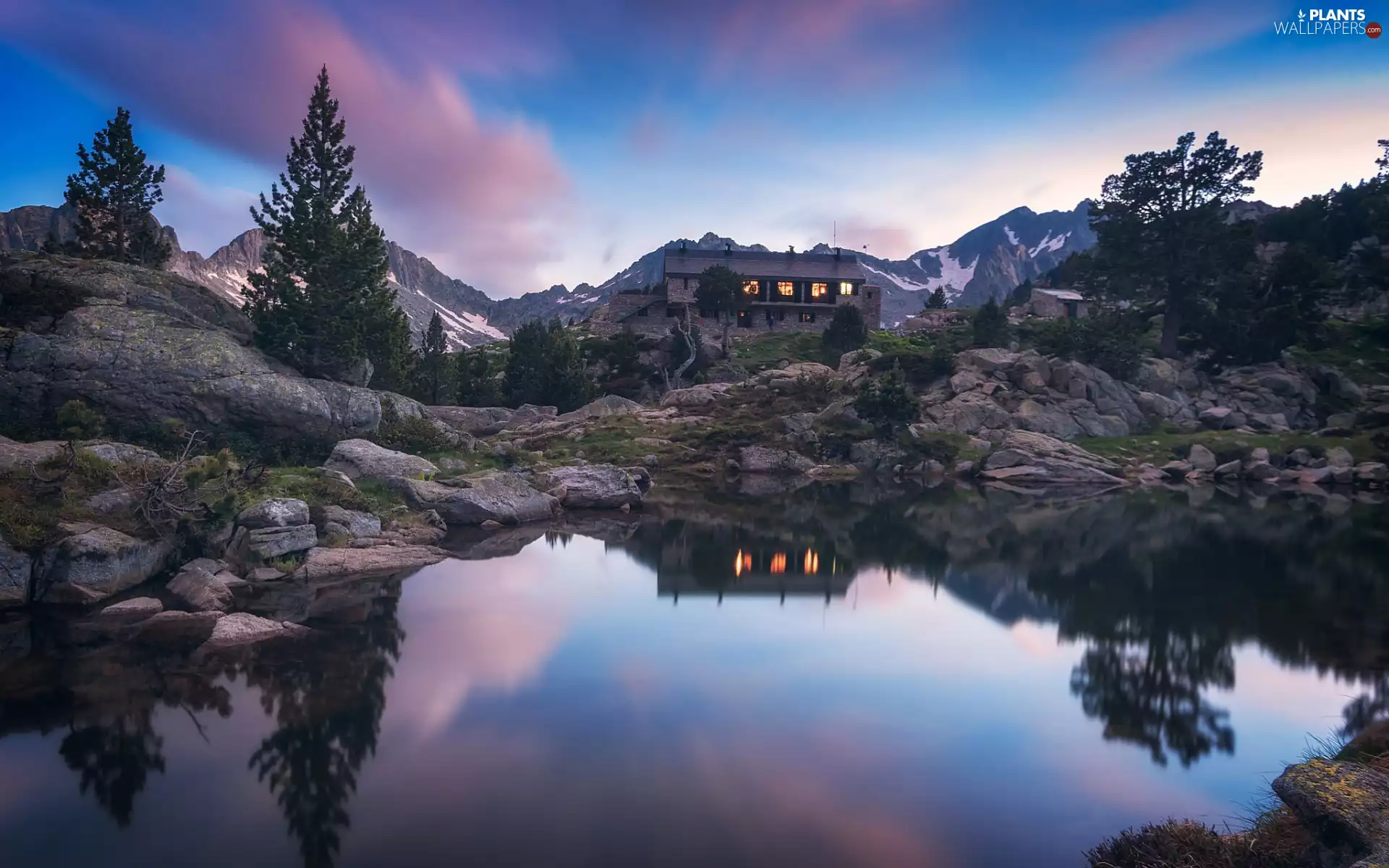 viewes, rocks, house, lake, light, Mountains, Stones, reflection, Spruces, trees