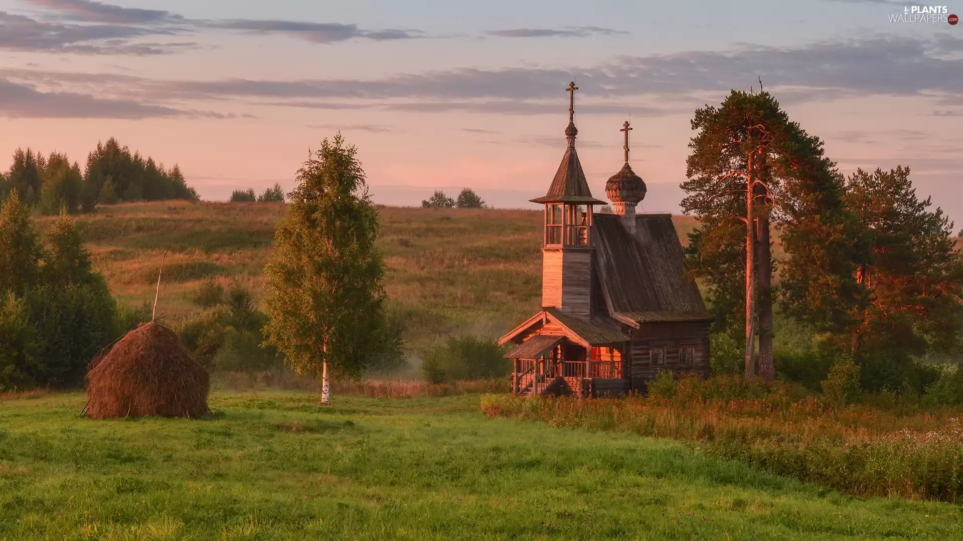Cerkiew, trees, Stack, viewes, Meadow, chapel, Hay