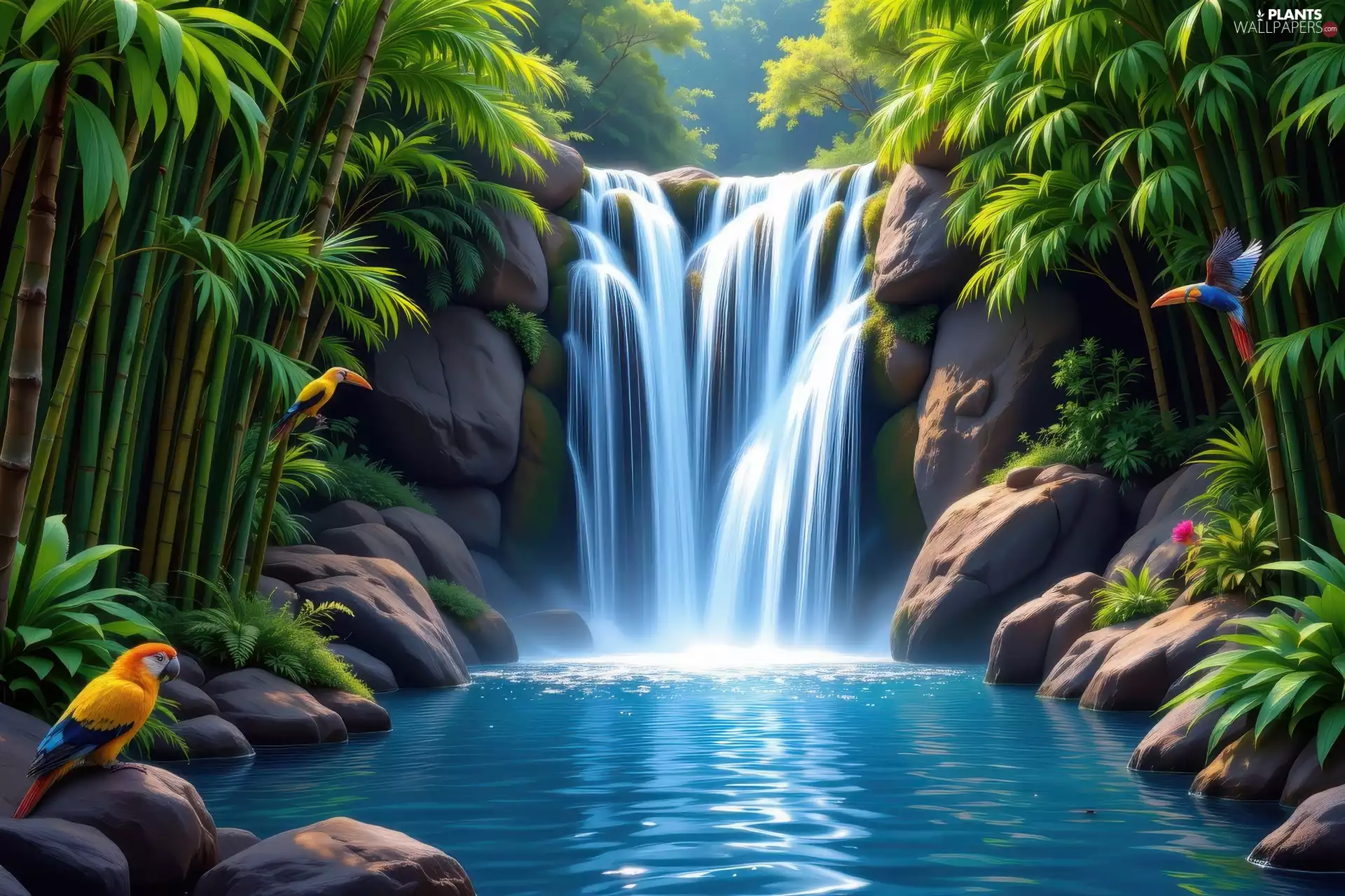Parrots, waterfall, trees, viewes, Plants, Stones