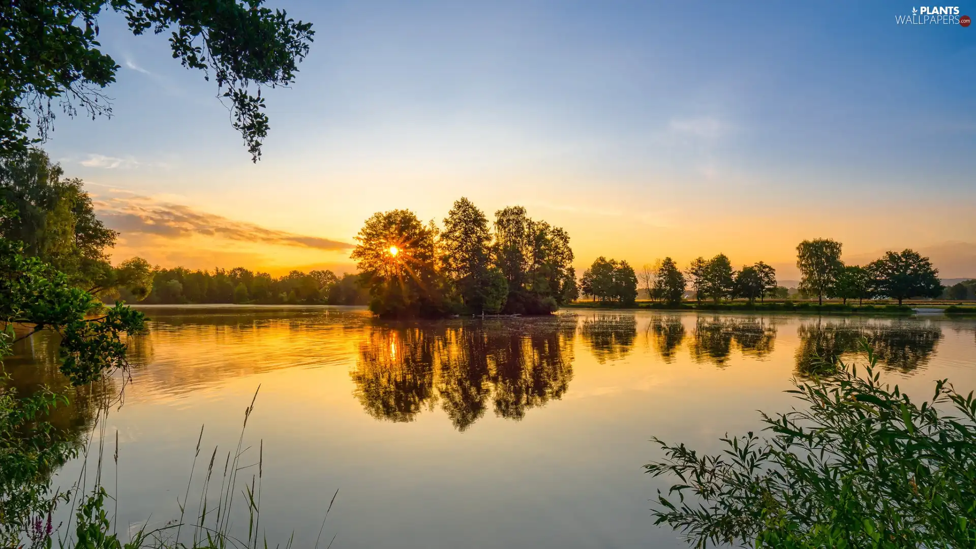 reflection, lake, trees, viewes, Great Sunsets