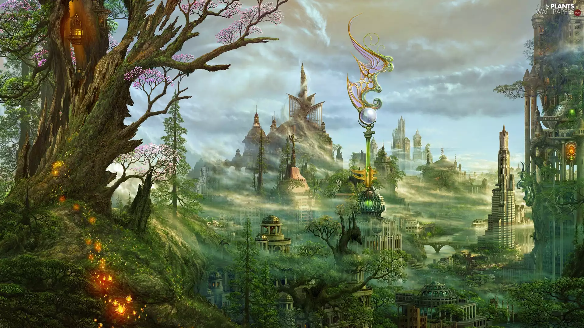 trees, viewes, Town, buildings, fantasy