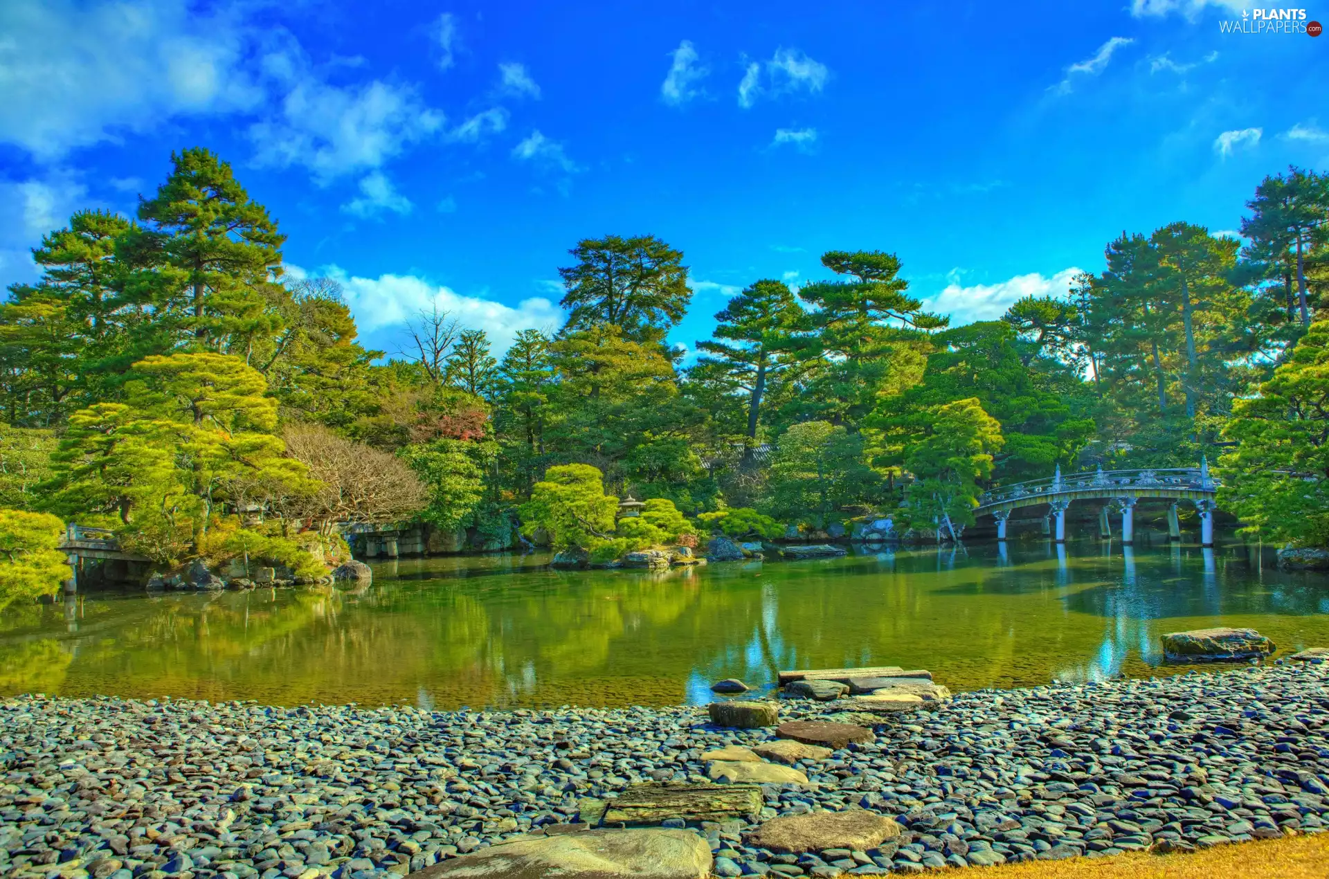 bridge, Kioto, trees, Park, Japan, Pond - car, viewes