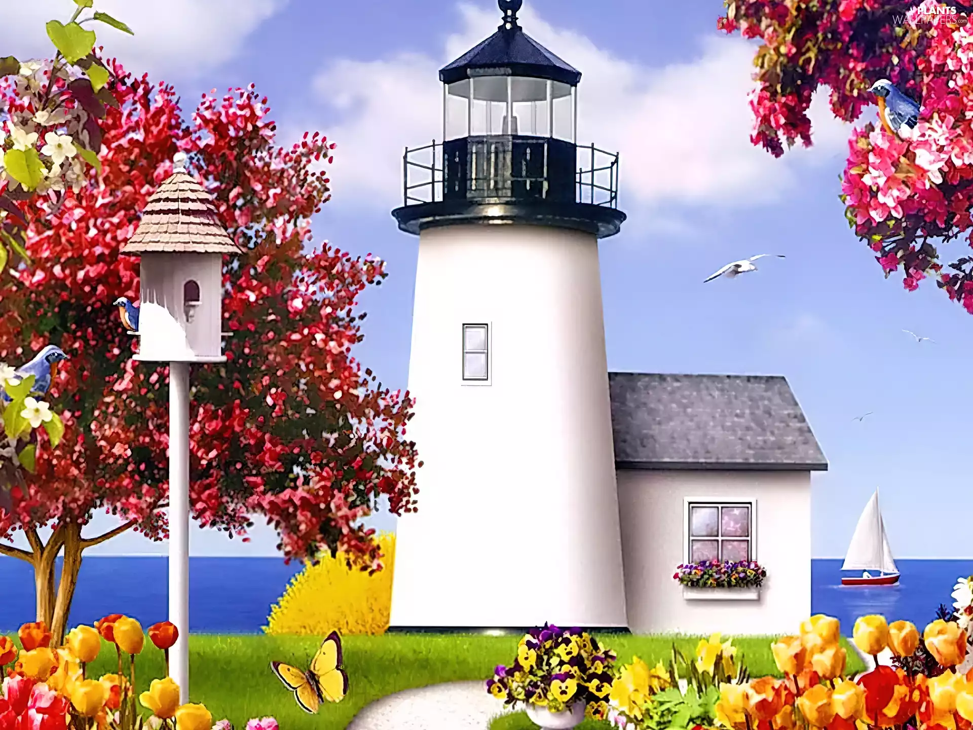 sea, maritime, trees, Bird feeder, Lighthouse, flourishing, viewes