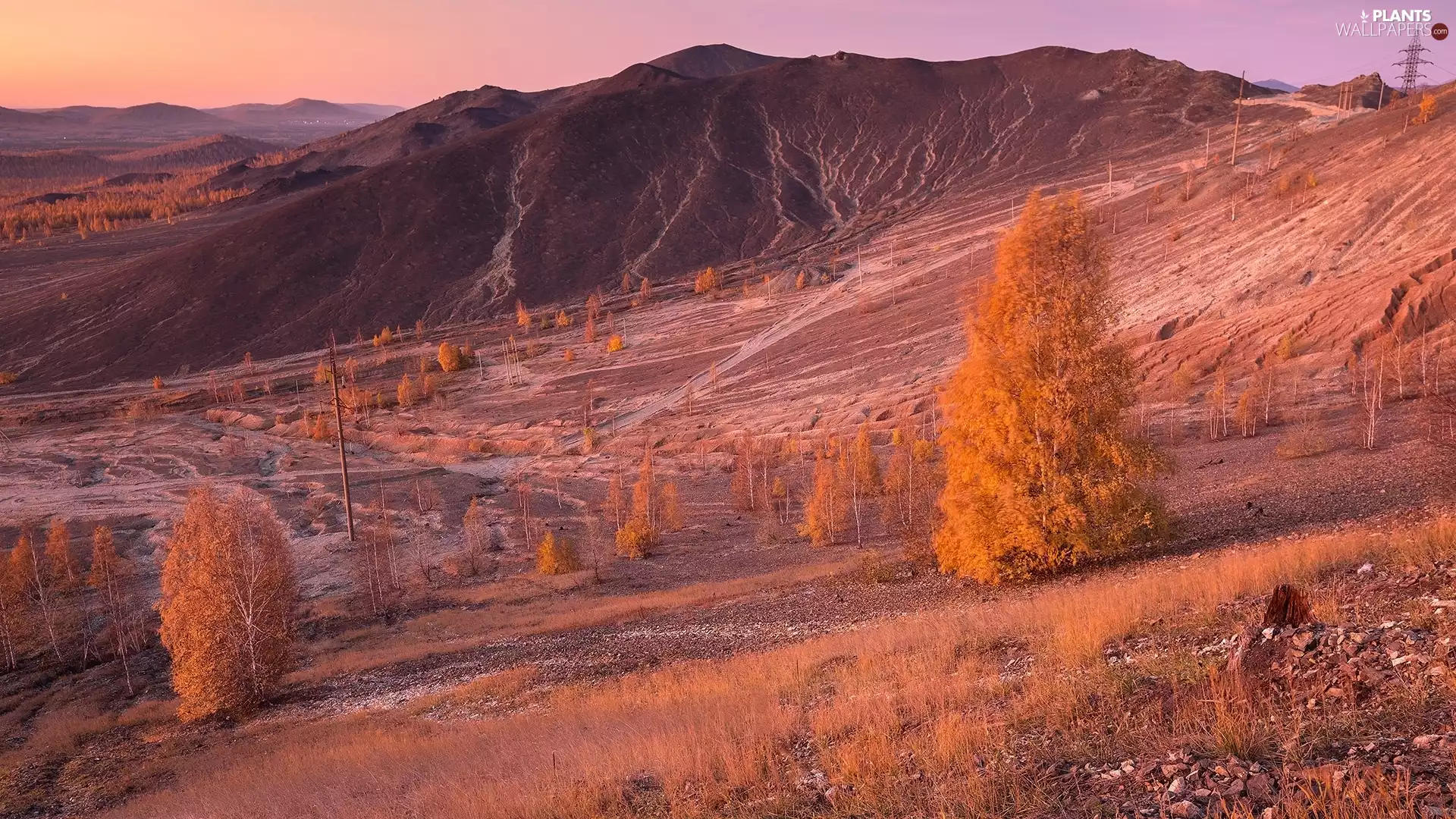 Stones, Mountains, trees, The Hills, autumn, Yellowed, viewes