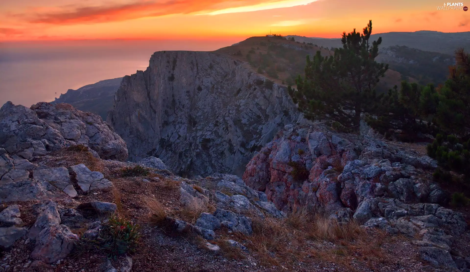 rocks, Rocky, trees, viewes, Great Sunsets, Mountains